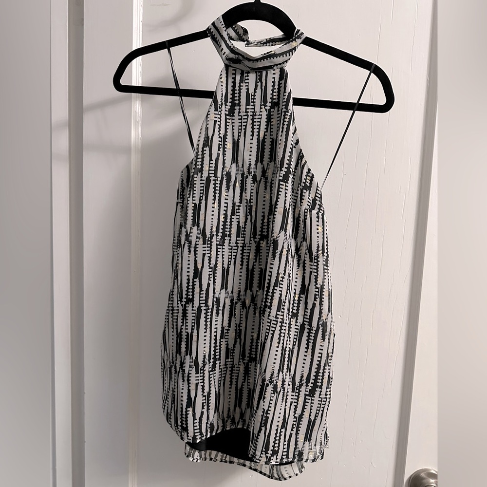 NWT, Express halter top with sash, black/white with gold metallic thread details